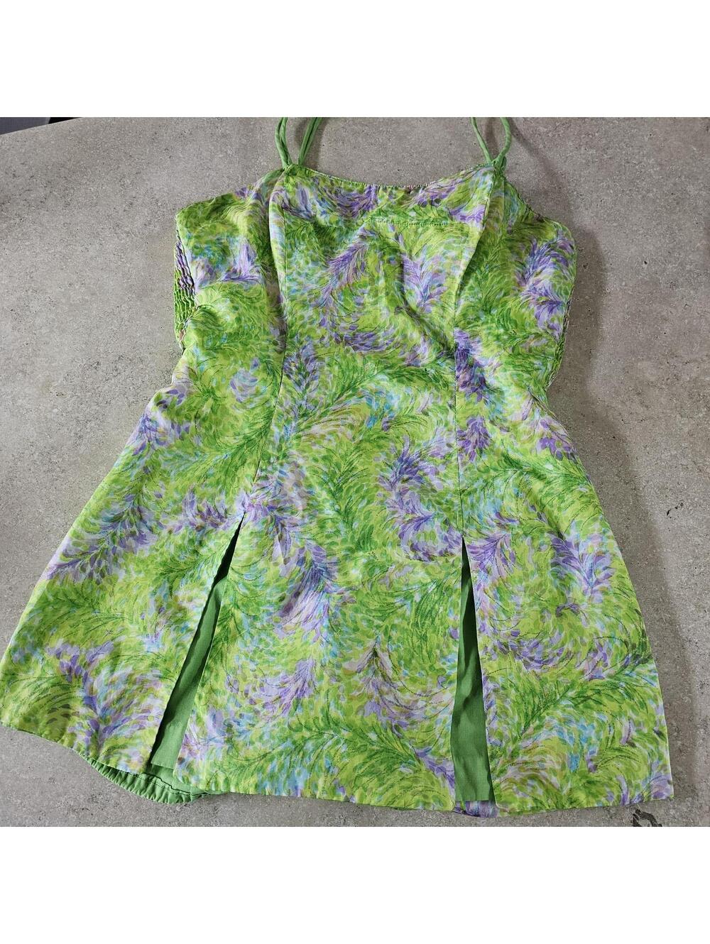 VINTAGE Gabar New York Green Floral Spaghetti Strap Romper Size 14